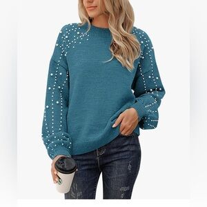 Blooming Jelly Teal Sweater with Pearl Embellishments size XL